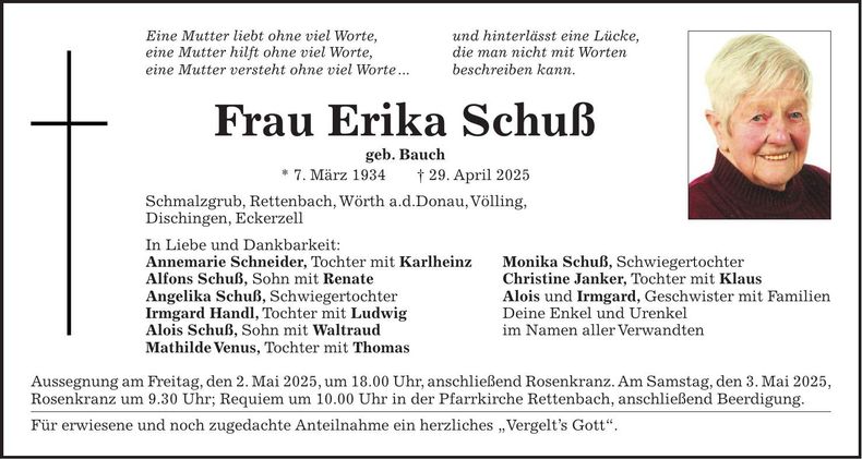Traueranzeige Erika Schuß