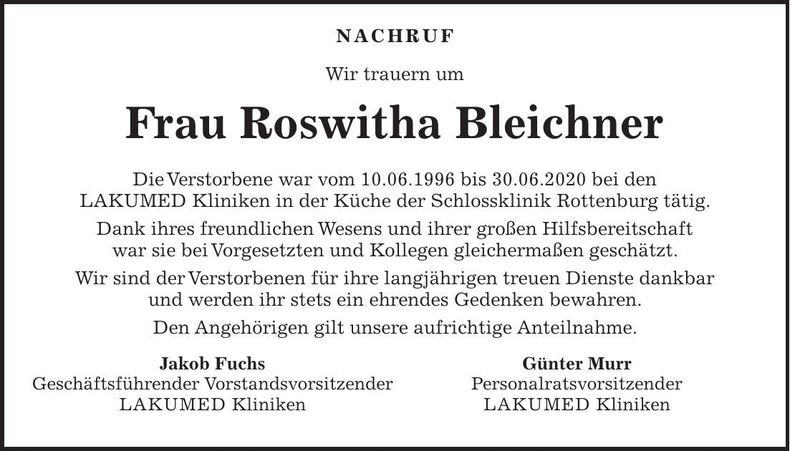 Traueranzeige Roswitha Bleichner
