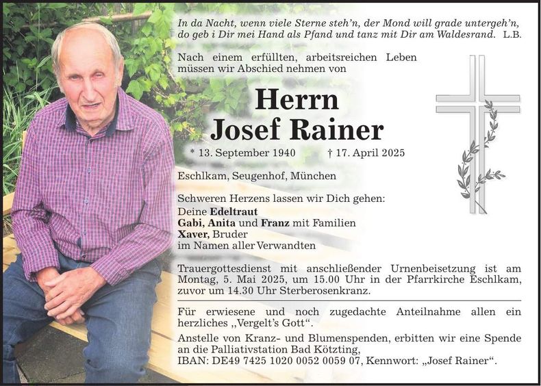 Traueranzeige Josef Rainer