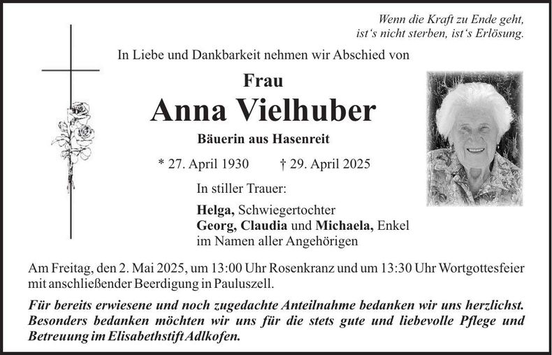 Traueranzeige Anna Vielhuber