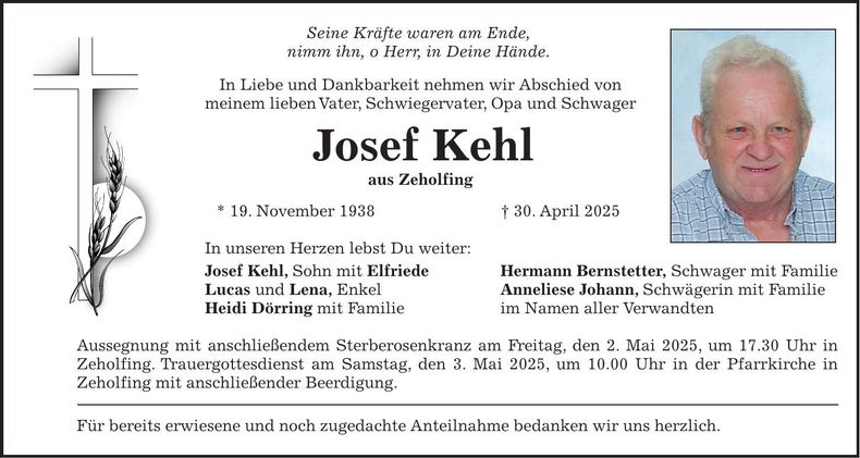 Traueranzeige Josef Kehl