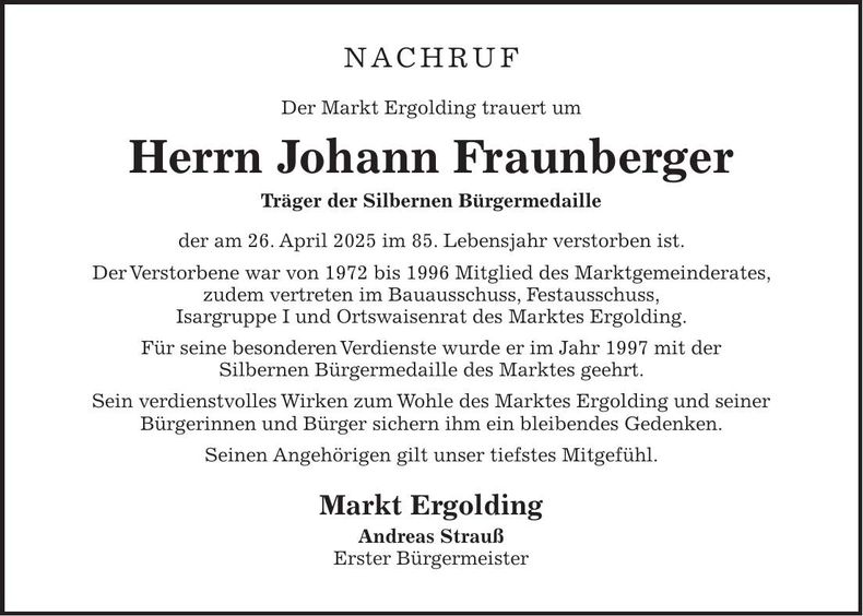 Traueranzeige Johann Fraunberger