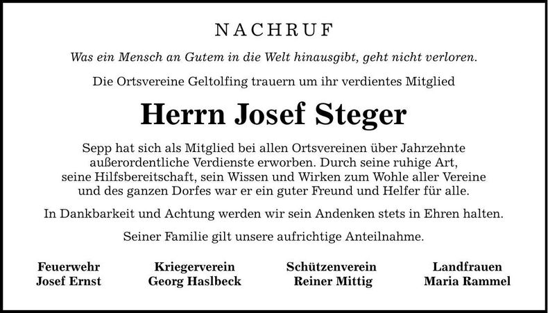 Traueranzeige Josef Steger