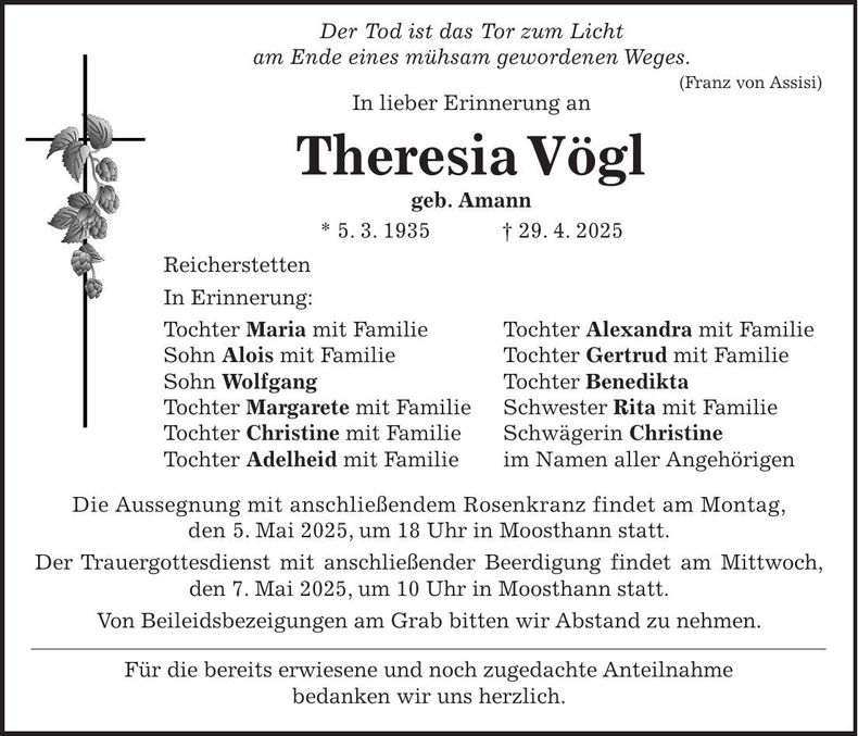Traueranzeige Theresia Vögl
