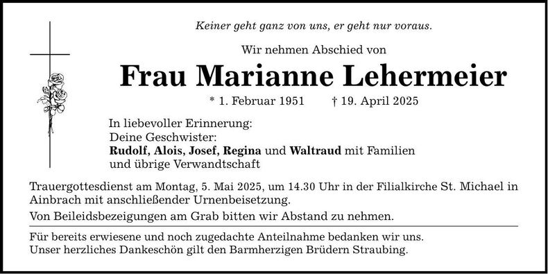 Traueranzeige Marianne Lehermeier