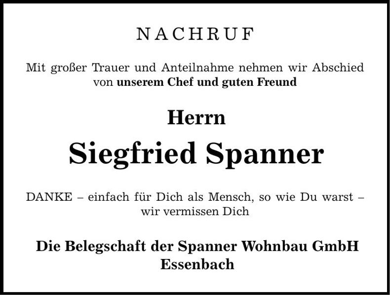 Traueranzeige Siegfried Spanner