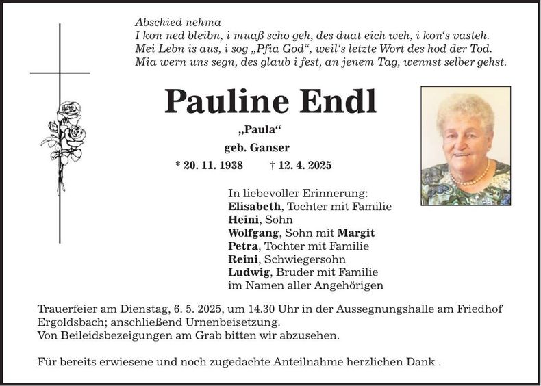 Traueranzeige Pauline Endl