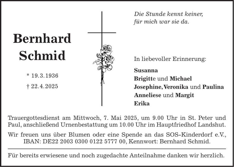 Traueranzeige Bernhard Schmid