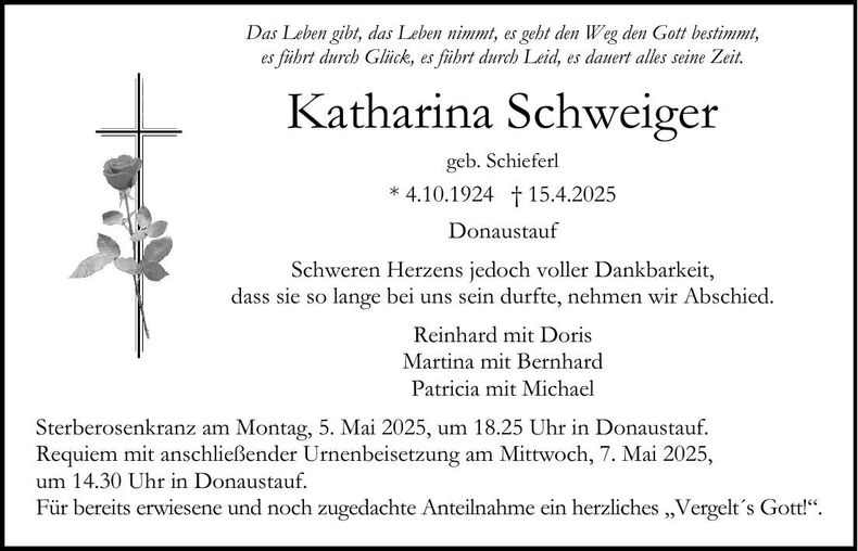 Traueranzeige Katharina Schweiger