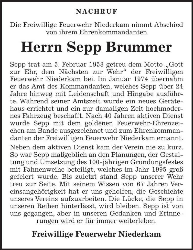 Traueranzeige Josef Brummer