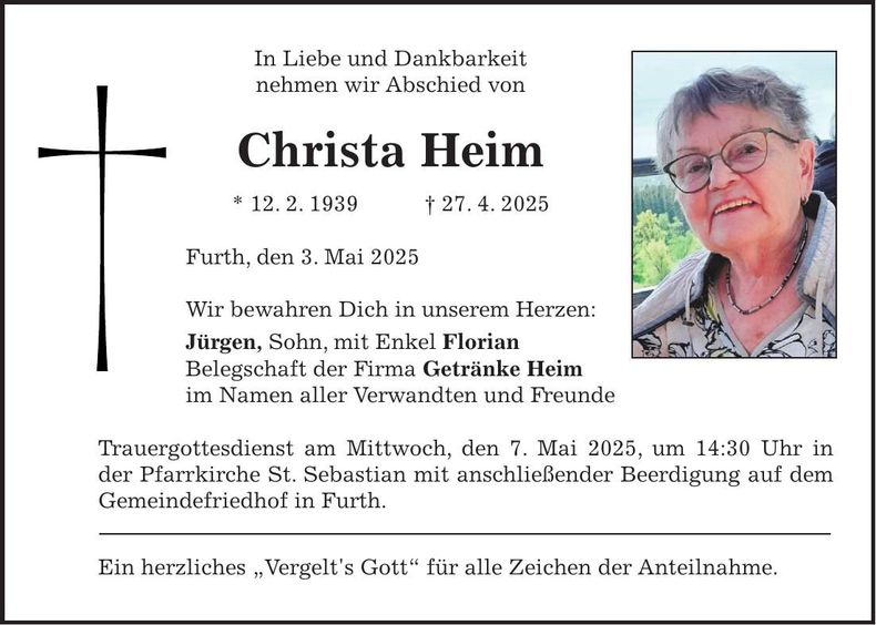 Traueranzeige Christa Heim