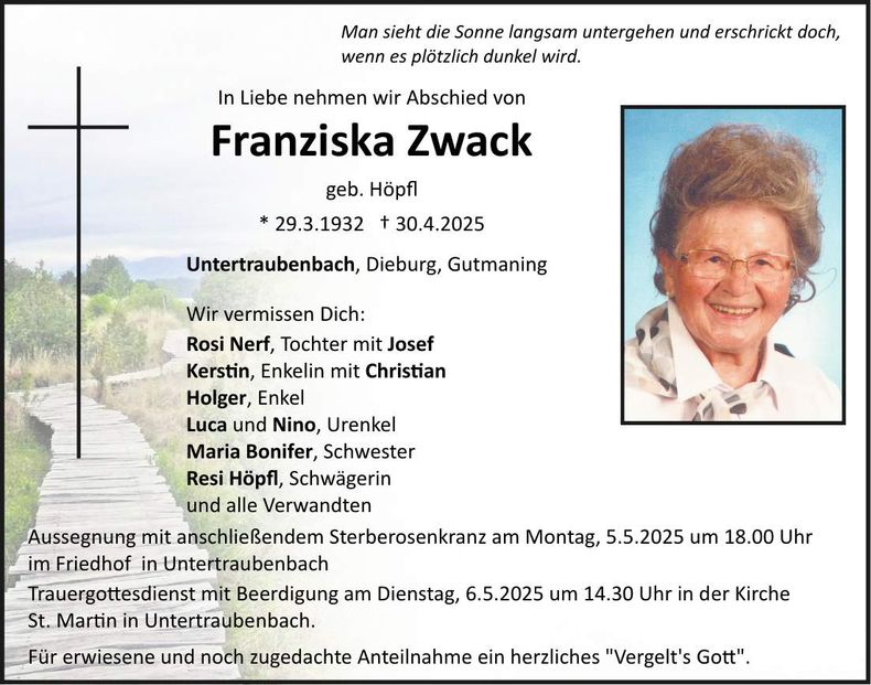 Traueranzeige Franziska Zwack