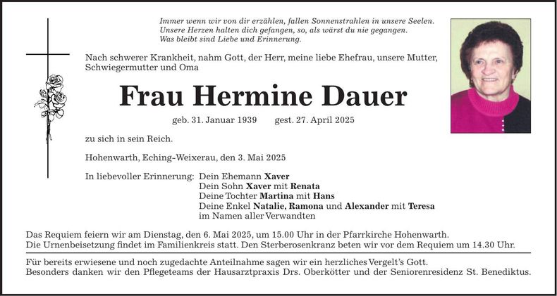 Traueranzeige Hermine Dauer