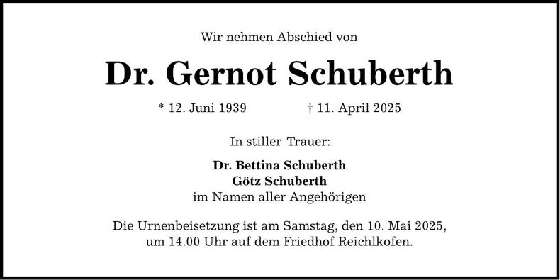 Traueranzeige Gernot Schuberth