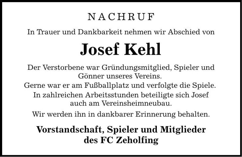 Traueranzeige Josef Kehl