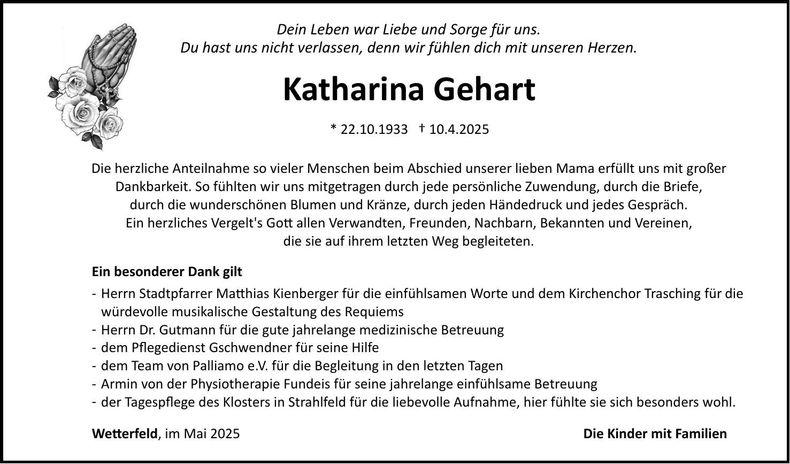 Traueranzeige Katharina Gehart