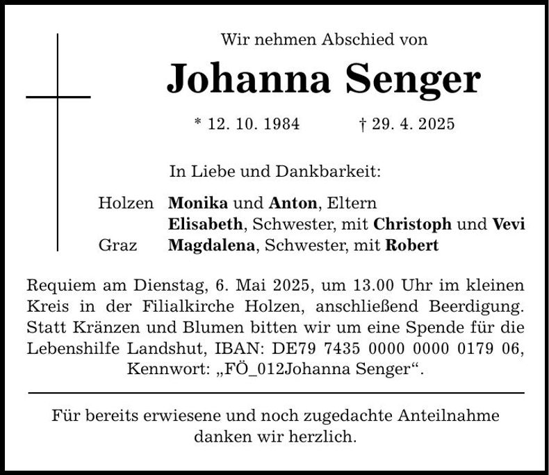 Traueranzeige Johanna Senger