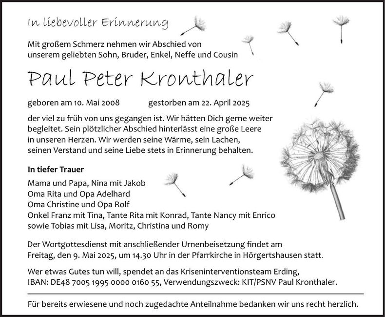Traueranzeige Paul Peter Kronthaler