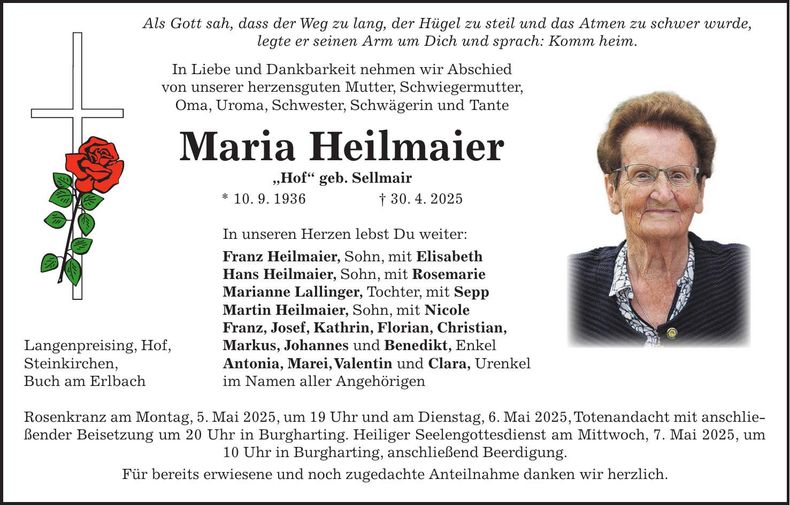 Traueranzeige Maria Heilmaier