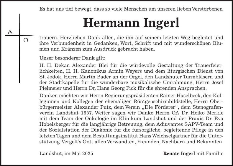 Traueranzeige Hermann Ingerl
