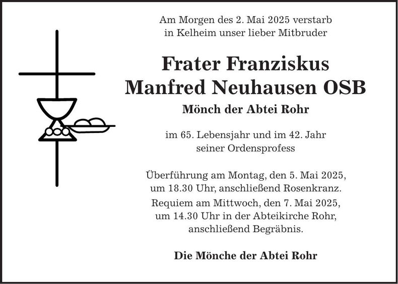 Traueranzeige Franziskus Manfred Neuhausen OSB