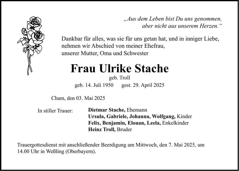 Traueranzeige Ulrike Stache