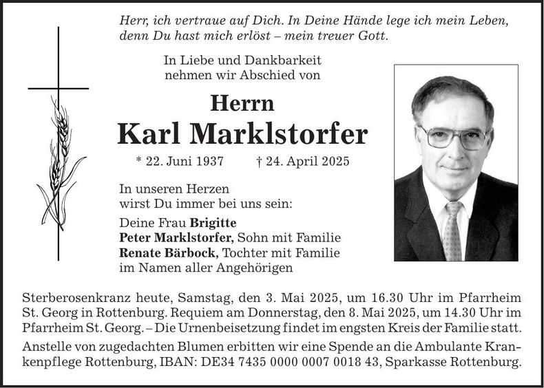 Traueranzeige Karl Marklstorfer