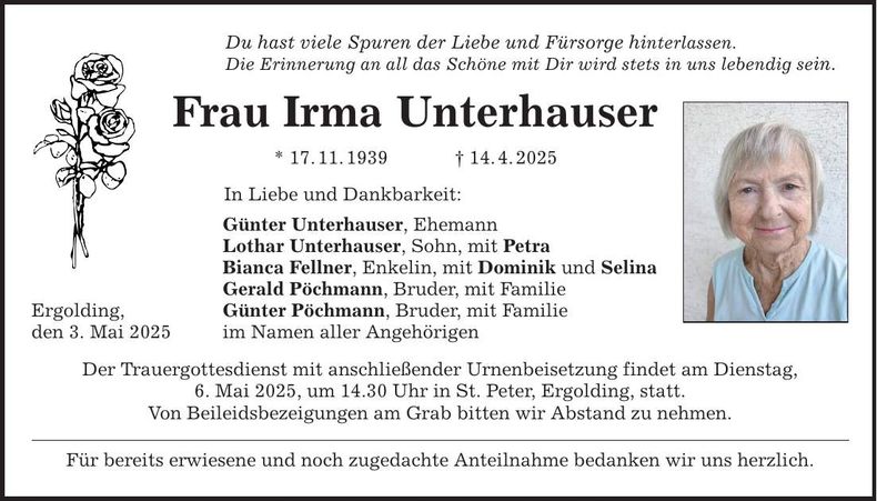 Traueranzeige Irma Unterhauser