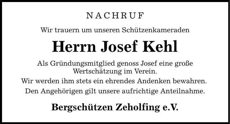 Traueranzeige Josef Kehl