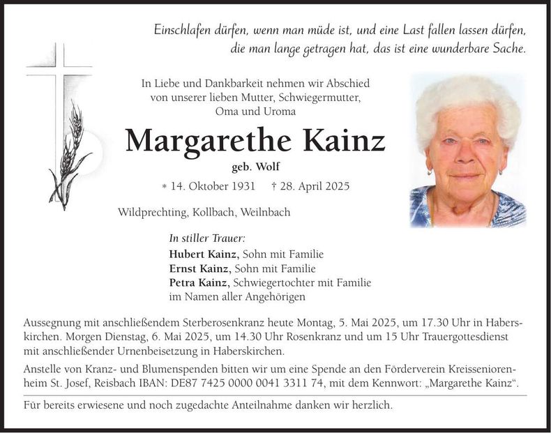 Traueranzeige Margarethe Kainz