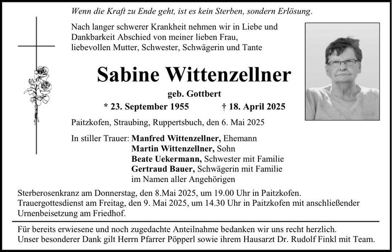 Traueranzeige Sabine Wittenzellner