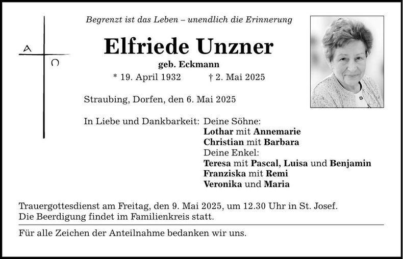 Traueranzeige Elfriede Unzner