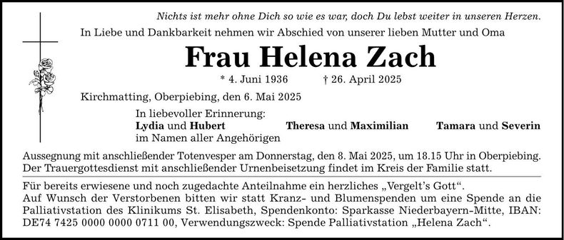 Traueranzeige Helena Zach