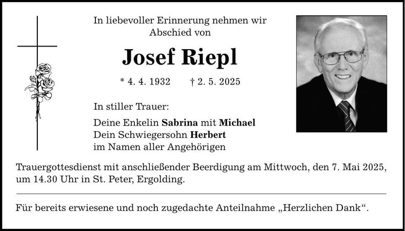 Traueranzeige Josef Riepl
