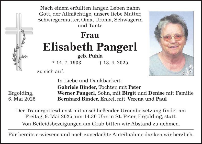 Traueranzeige Elisabeth Pangerl