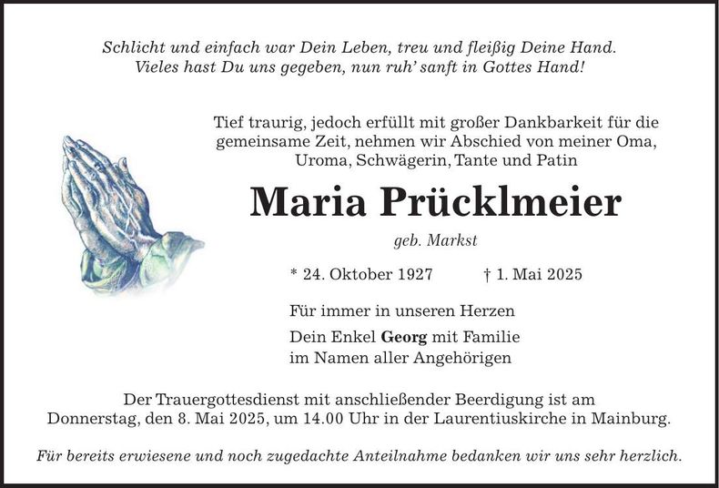 Traueranzeige Maria Prücklmeier