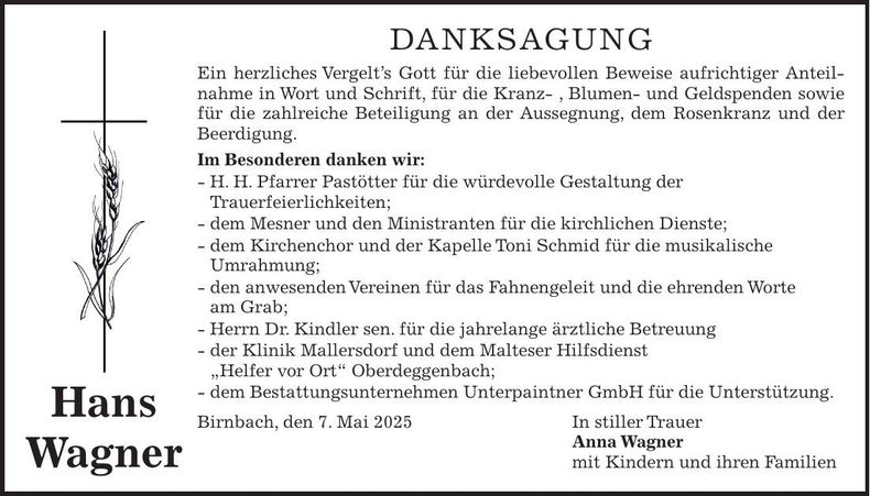 Traueranzeige Hans Wagner