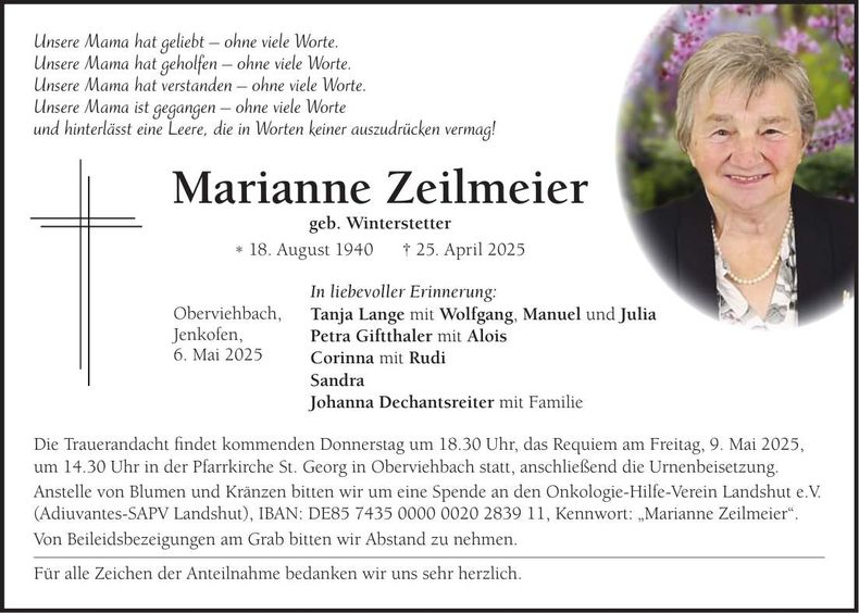 Traueranzeige Marianne Zeilmeier
