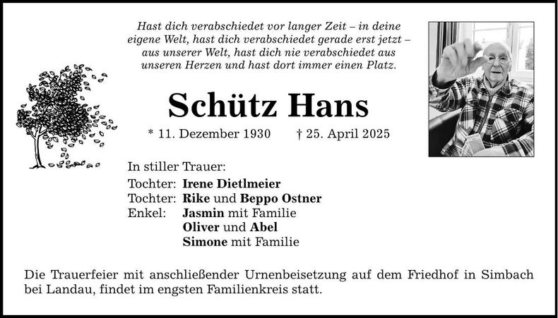 Traueranzeige Hans Schütz