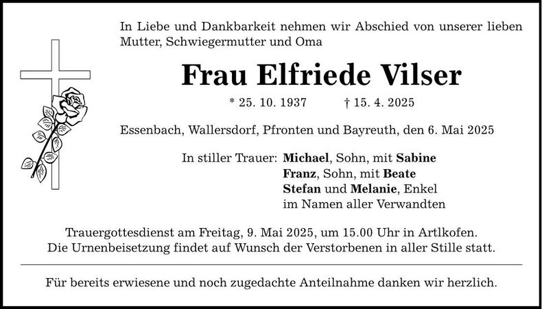 Traueranzeige Elfriede Vilser