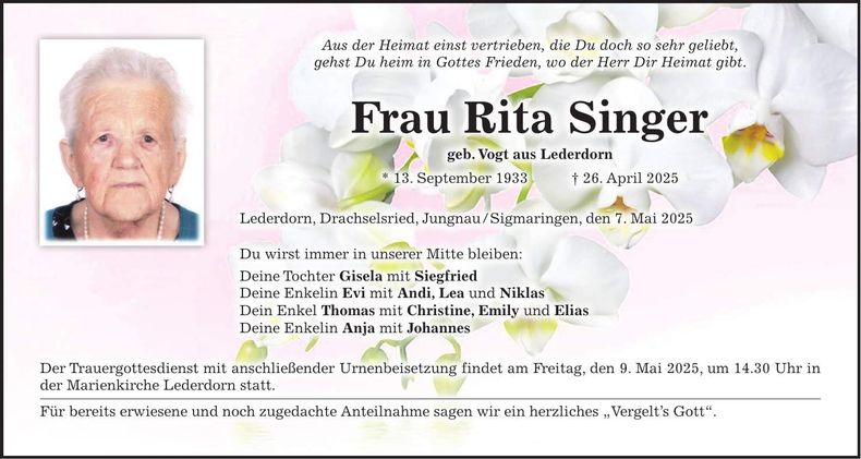 Traueranzeige Rita Singer