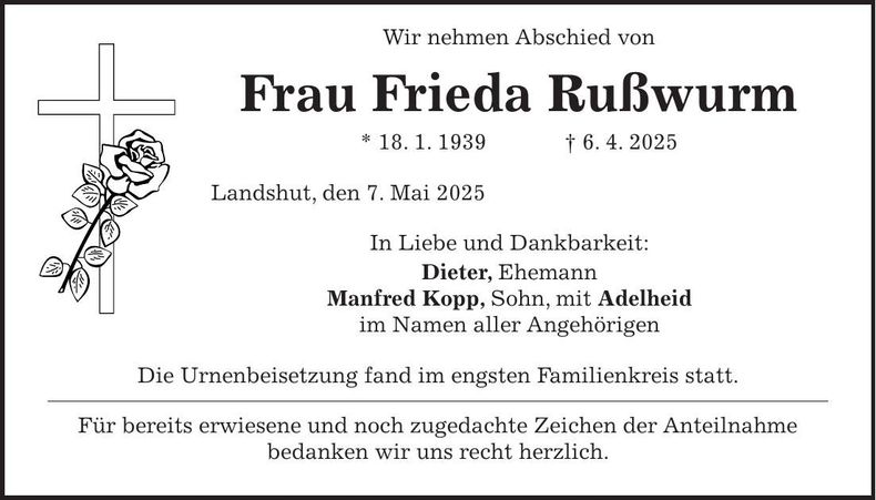 Traueranzeige Frieda Rußwurm