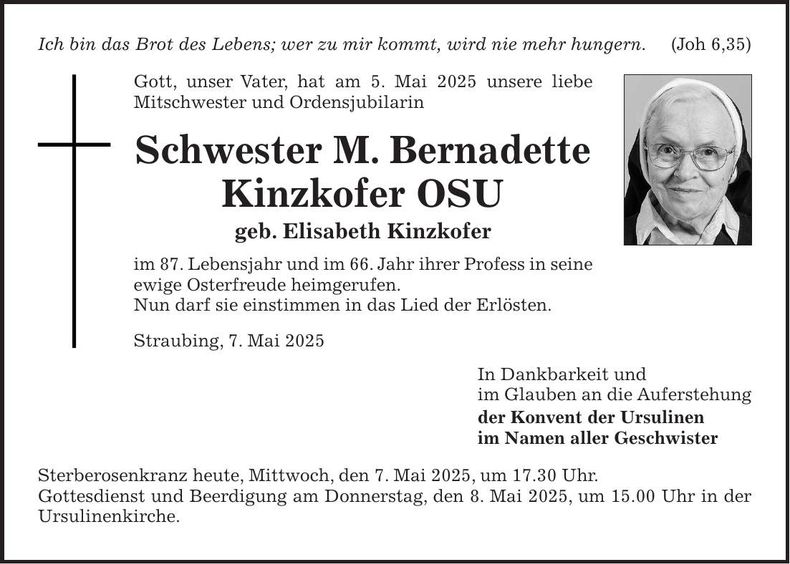 Traueranzeige Schwester M. Bernadette Kinzkofer