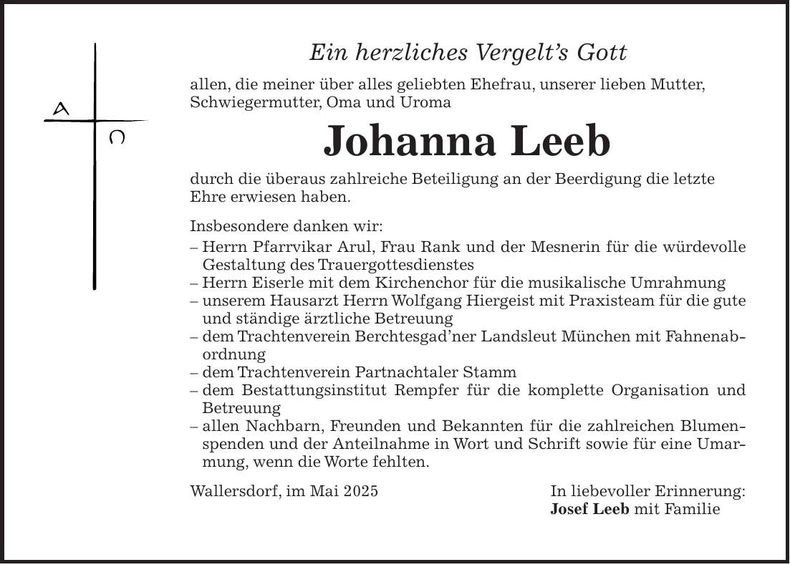 Traueranzeige Johanna Leeb