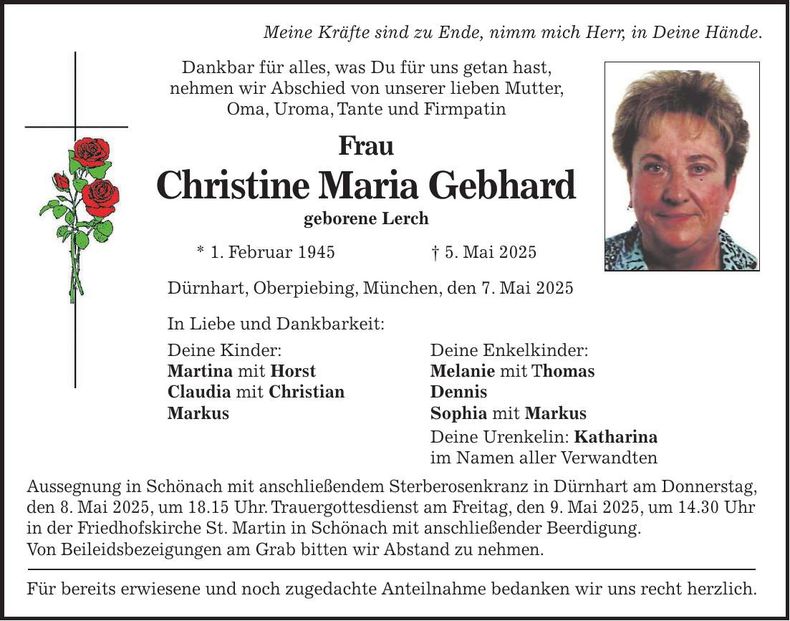 Traueranzeige Christine Maria Gebhard