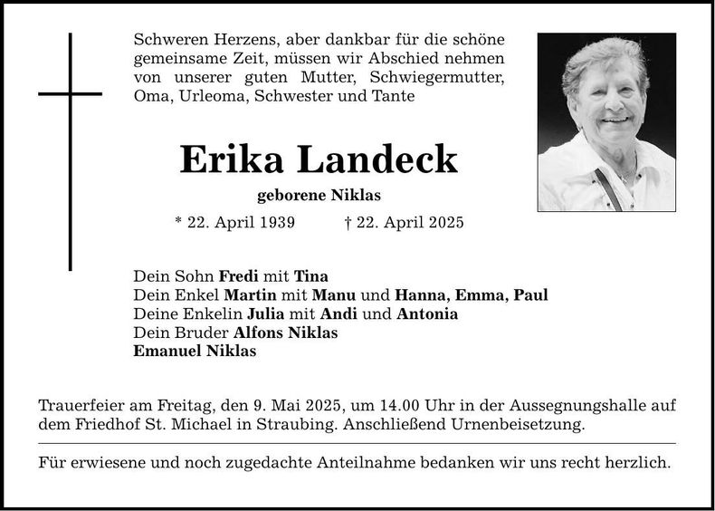 Traueranzeige Erika Landeck