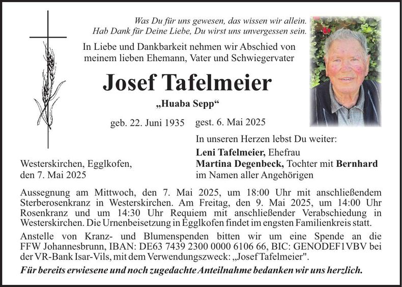 Traueranzeige Josef Tafelmeier