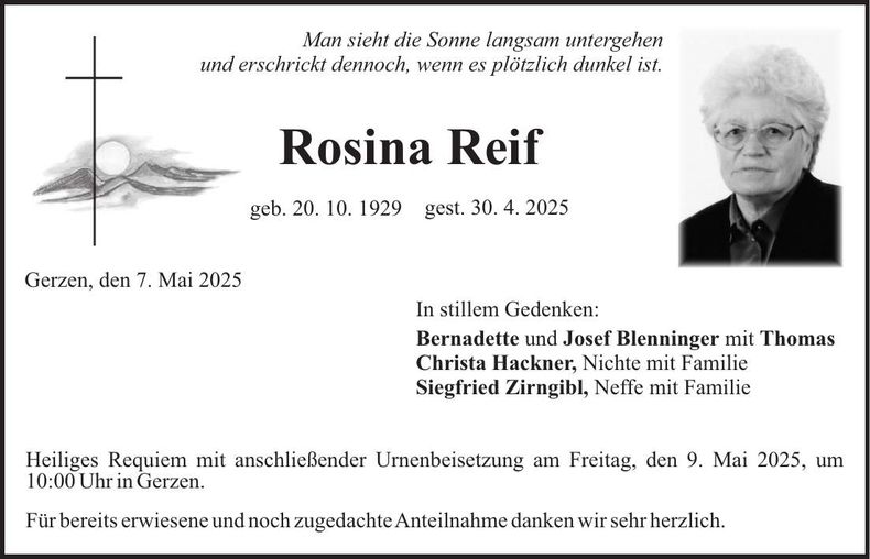 Traueranzeige Rosina Reif