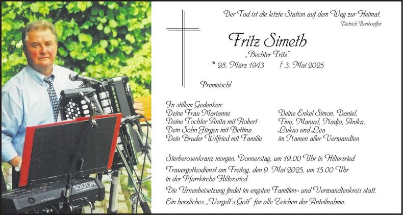 Traueranzeige Fritz Simeth