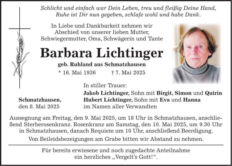 Traueranzeige Barbara Lichtinger
